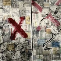 Dyptich painting in red and mostly black paint over text.