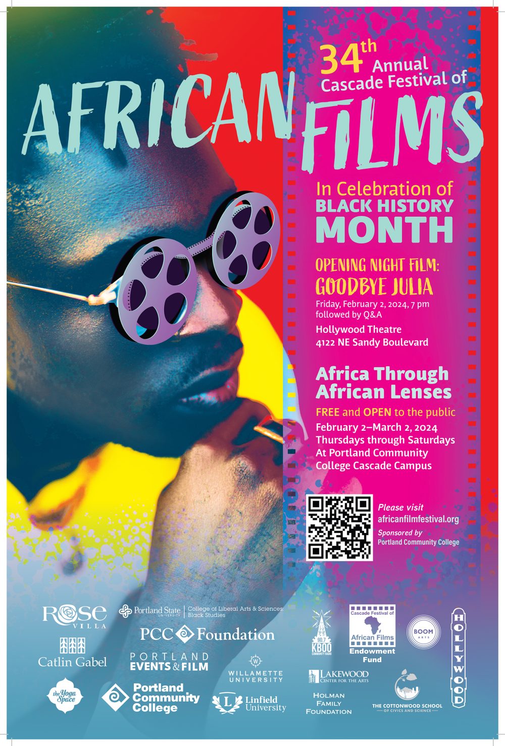 Poster of man with glasses like movie reels. The 2024 Cascade Festival of African Films poster, created by Jacob Mauk.
