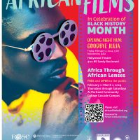 Poster of man with glasses like movie reels. The 2024 Cascade Festival of African Films poster, created by Jacob Mauk.