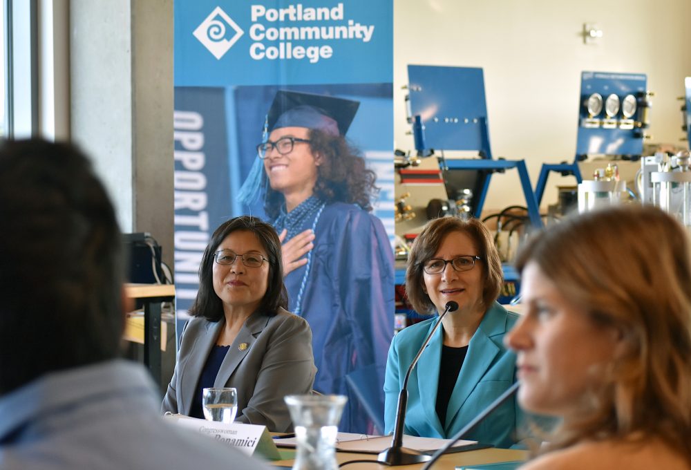 Sec. Julie Su and Congresswoman Bonamici listen to a corporate partner's testimony.