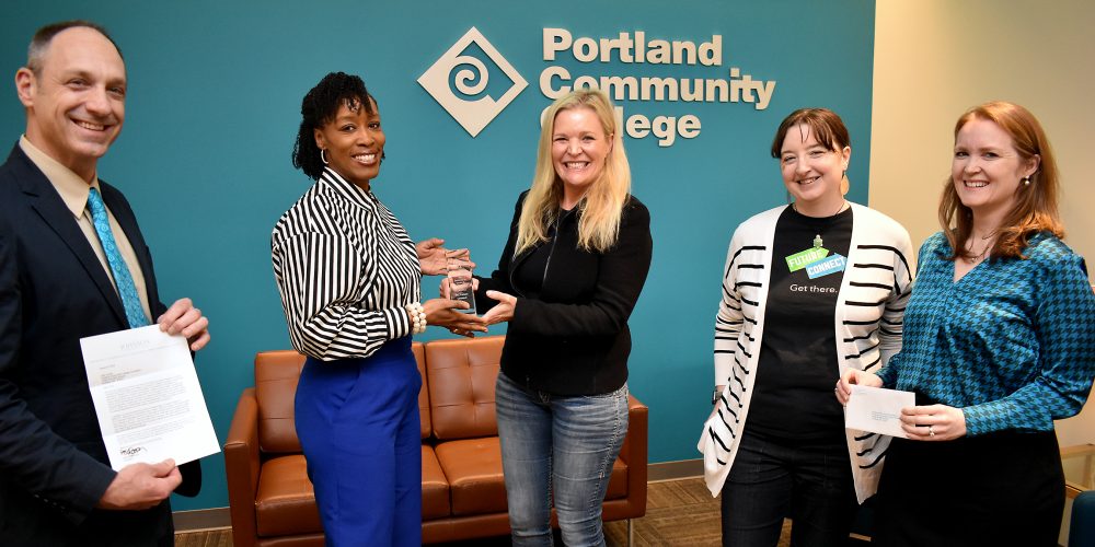 From left, Director of College Success Programs Josh Laurie, PCC President Dr. Adrien Bennings, JCT Board President Ashley Campion, Future Connect Manager Suzanne Hesse and PCC Foundation Executive Director Christina Kline.