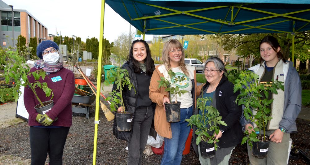 Sustainability staff at Cascade's Learning Garden for 2022 Earth Week.
