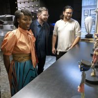At LAIKA’s studios. From left, Multimedia Instructor Eric Fauske, PCC President Dr. Adrien Bennings, Chief Marketing and Operations Officer David Burke and Production Supervisor Jesselee Kahaloa