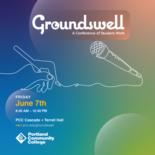 Conference poster showing a mic mand hand with pen.