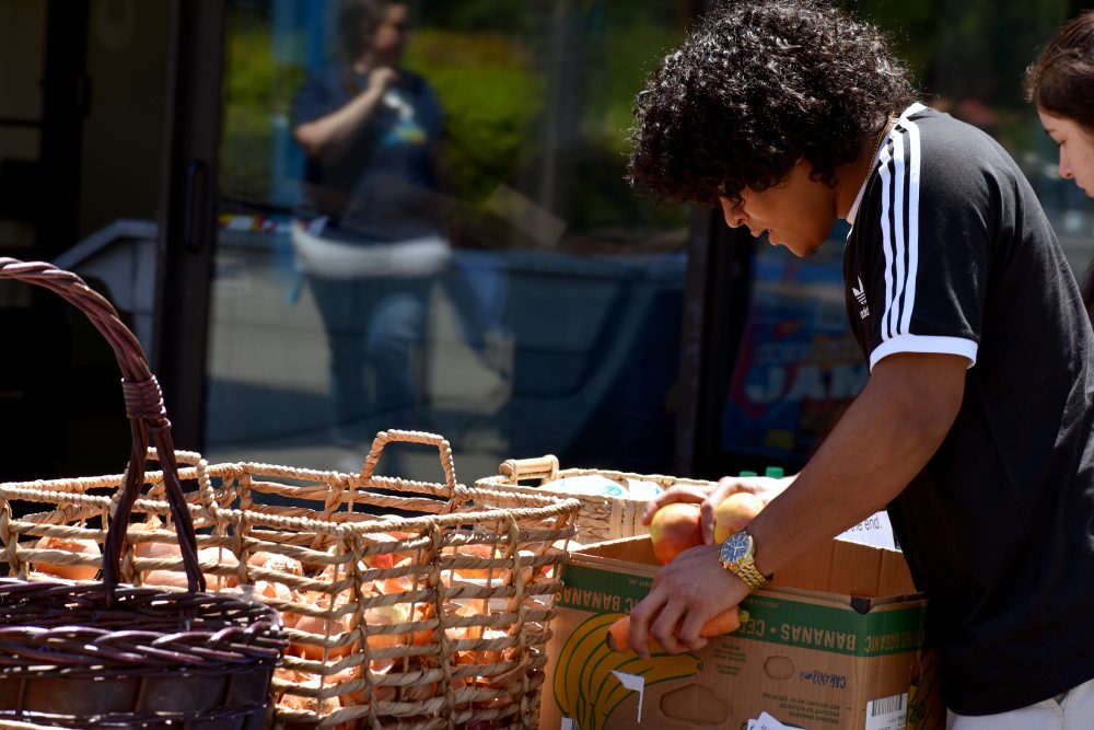 Community person taking apples.