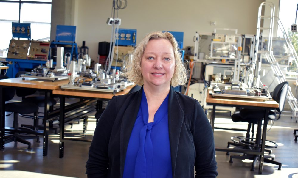 Diane Vidmantas in mechatronics lab.