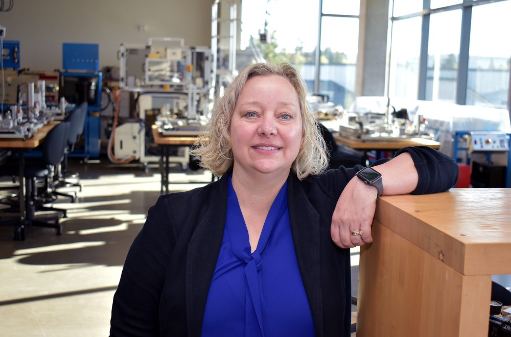 Diane Vidmantas in mechatronics lab.