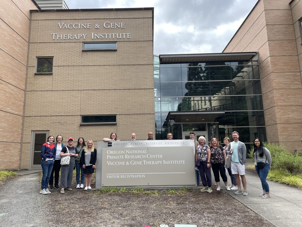 Exterior of OHSU with Bioscience staff.