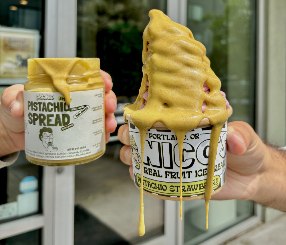 Melting Pistakio on ice cream.