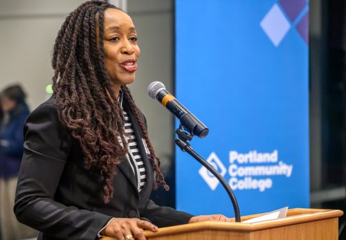 Dr. Adrien Bennings speaking to the crowd.