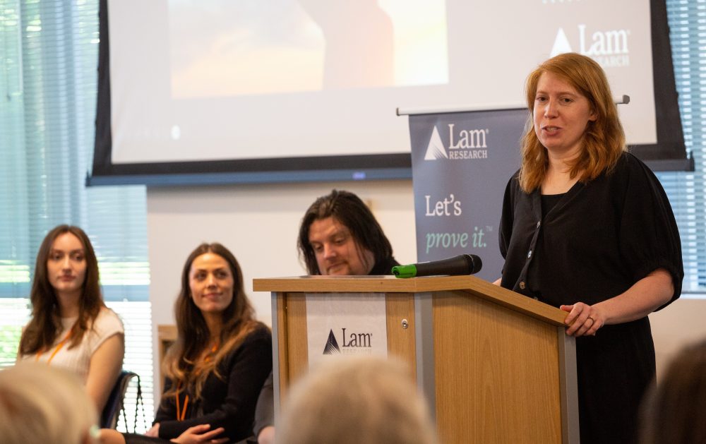 PCC instructor Tamasen Hayward speaking at graduation.
