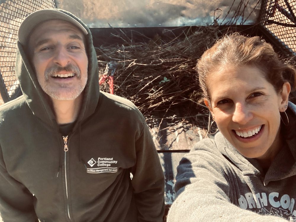 Val Brenneis collaborates with Arturo Portera and the Rock Creek Campus groundskeeping crew on stewardship of campus natural areas.