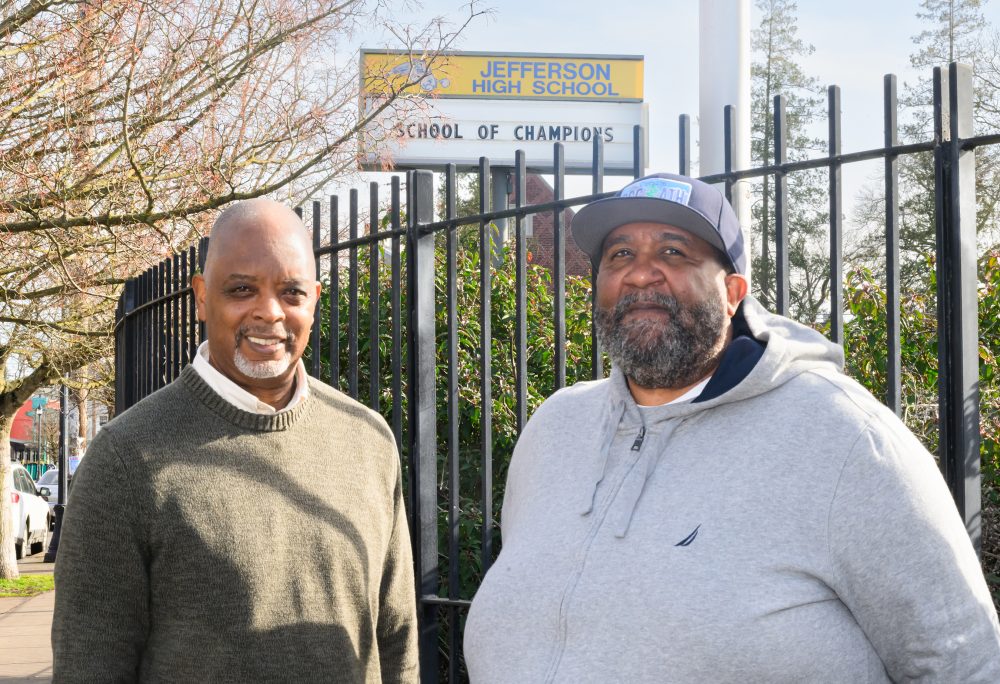 Tyrone White and Tony Broadous in front of Jefferson HS.