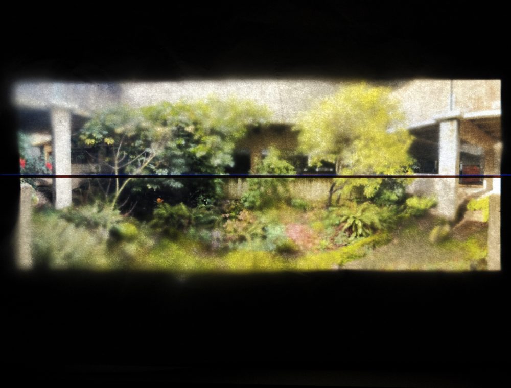 Posterized color Image of verdant green PCC Campus with brutalist concrete building courtyard.