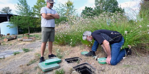 Gordon Kunkle, an instructor with PCC’s Professional Development and Training Program, inspects an irrigation system for his workshop at the Rock Creek Campus.