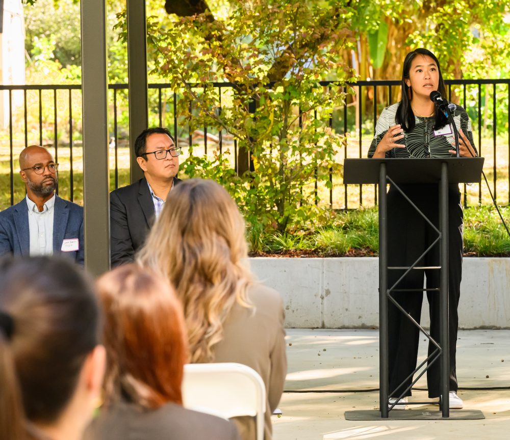 Katy Ho speaks to guests at the Legin Commons grand opening.