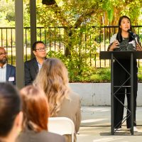 Katy Ho speaks to guests at the Legin Commons grand opening.