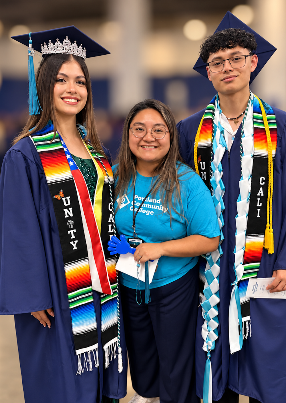 Paola Inciarte (2026 graduate and transfer to PSU), Liz Mota (DREAMers and Latine Student Success Coordinator) and Brandon Lemus Ávila (2026 Graduate and transfer to Lewis and Clark).