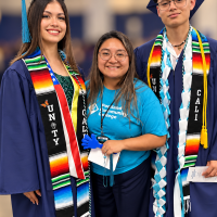 Paola Inciarte (2026 graduate and transfer to PSU), Liz Mota (DREAMers and Latine Student Success Coordinator) and Brandon Lemus Ávila (2026 Graduate and transfer to Lewis and Clark).