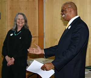 District President Preston Pulliams enjoys a moment with sociology instructor Jan Abushakrah.