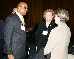 PCC District President Preston Pulliams enjoys a chat with Nan Poppe (right), Extended Learning Campus president, and Christine Chairsell, Vice President of academic and Student Affairs. They were attending a meeting of PCC presidents and local high school superintendents to discuss issues surrounding Senate Bill 300, which would allow eligible students to enroll in post-secondary courses for credit at eligible post-secondary institutions.