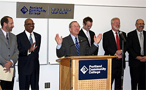 Gov. Ted Kulongoski makes the grant announcement to PCC’s Net Zero plan. Behind him, left to right, are Oregon Department of Energy Director Mark Long, PCC President Preston Pulliams, President of Gerding Edlen Sustainable Solutions Kipp Baratoff, Chair of Oregon Way Advisory Group Wally Van Valkenburg, and the Director of the Department of Environmental Quality Dick Peterson