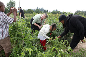 Erin Stanforth, middle, works in the community garden at the Rock Creek Campus with Kimberly Shorts-Jackson and her two children