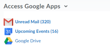Access Google Apps widget after integration showing icons for Gmail, Google Calendar, and Google Drive