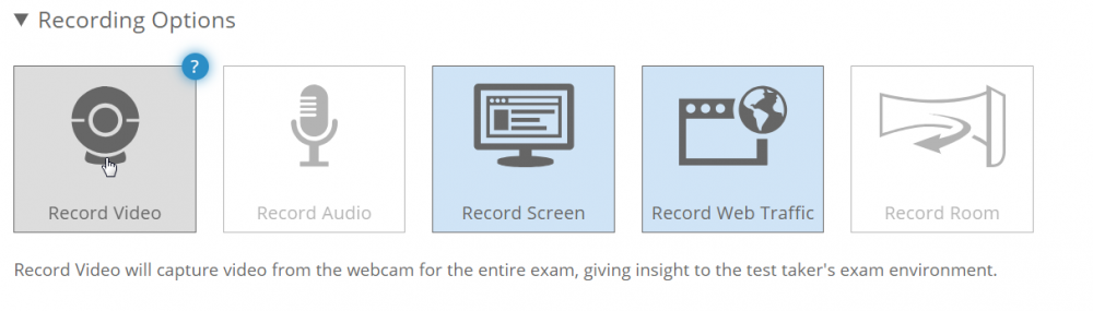 recording options in Proctorio include webcam recording, audio recording, room recording, and desktop recording.