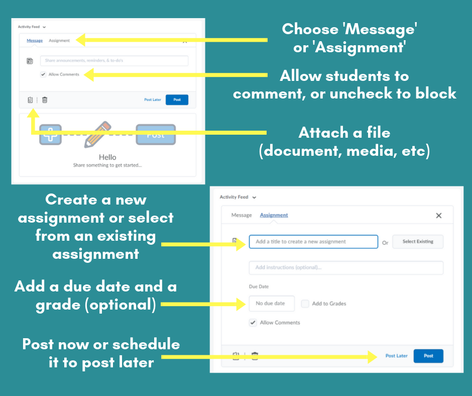 Graphic view of the homepage widget and how to create a message or assignment
