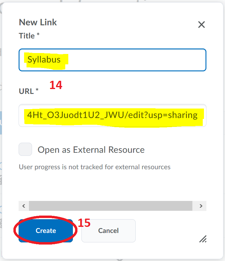 Step 14: enter title and paste the URL link, Step 15: click Create