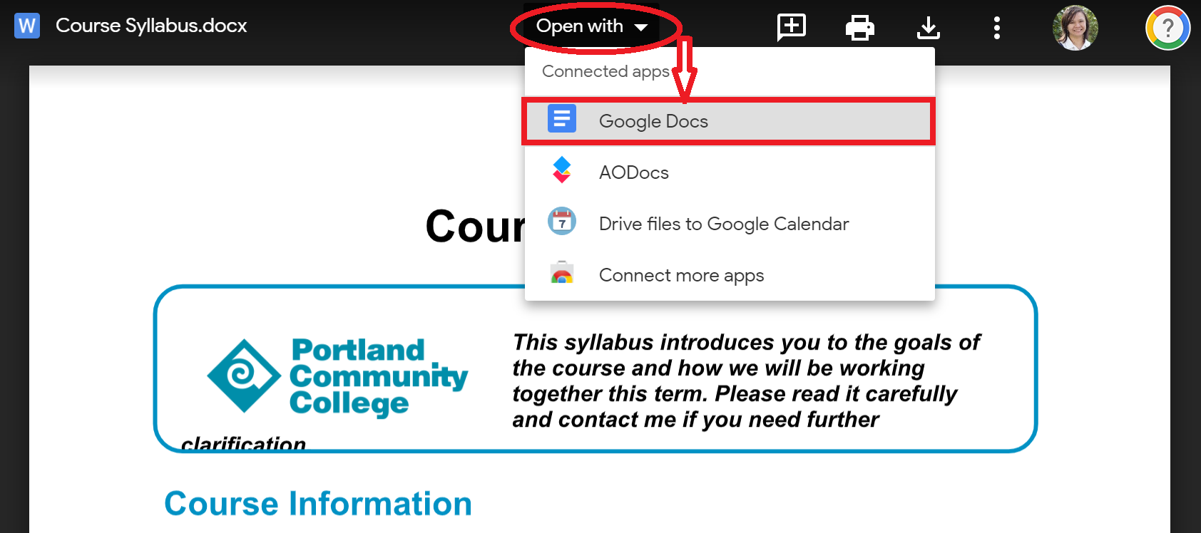 Open with and select GoogleDocs