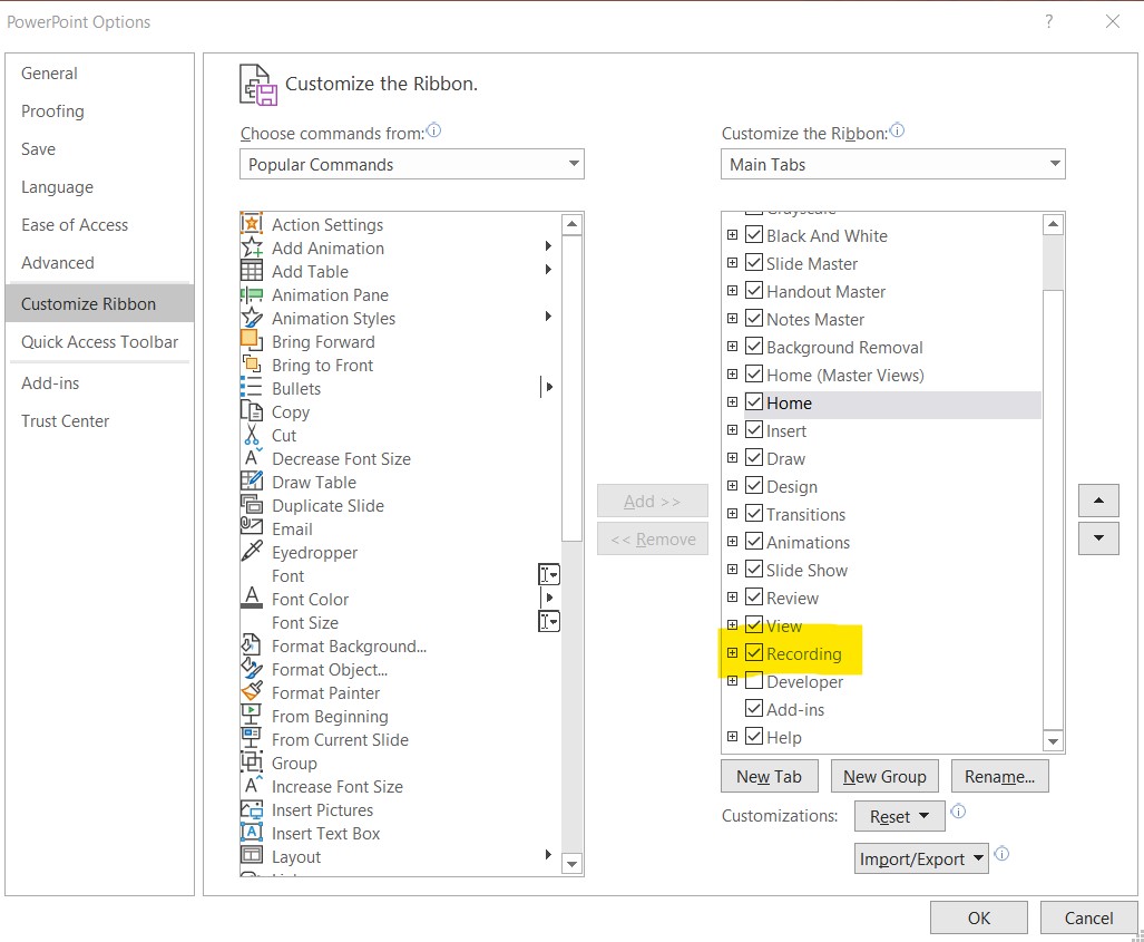 Customize ribbon window in PowerPoint