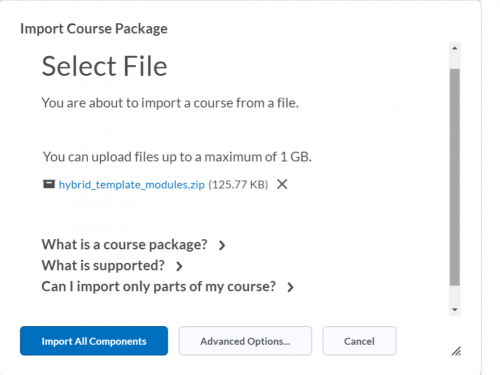 screenshot showing the import all components option