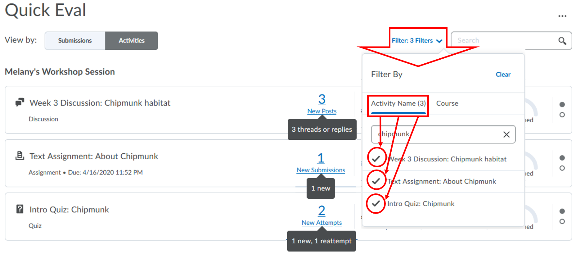 Quick Eval-Filter Activity name-view by -Activities