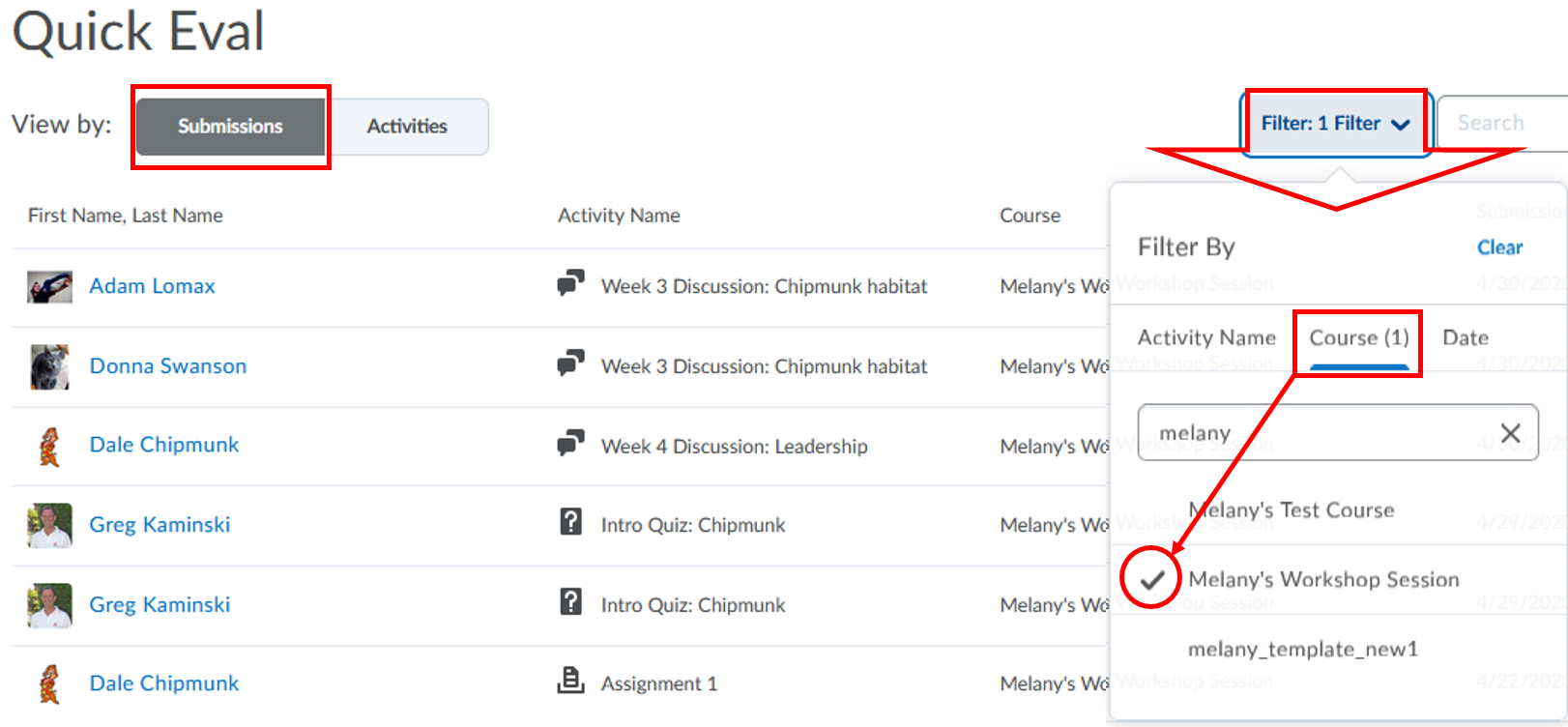 Quick Eval-Filter Course-view by-Submissions