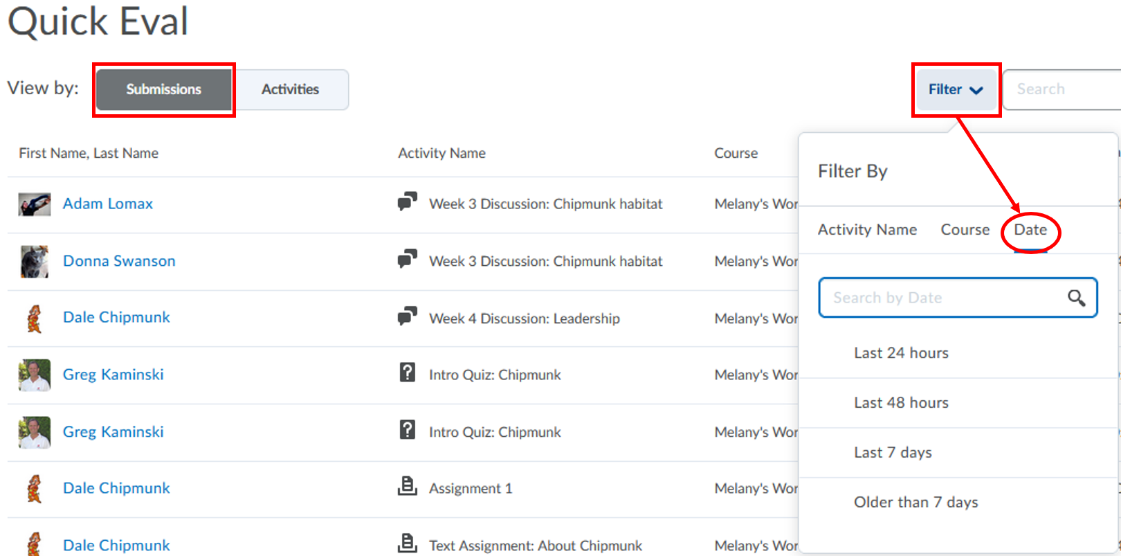 Quick Eval-Filter Date-view by-Submissions