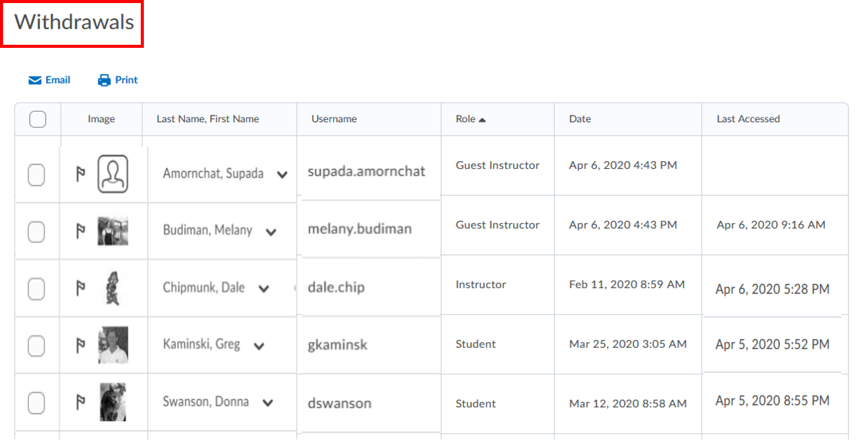 classlist Withdrawals list