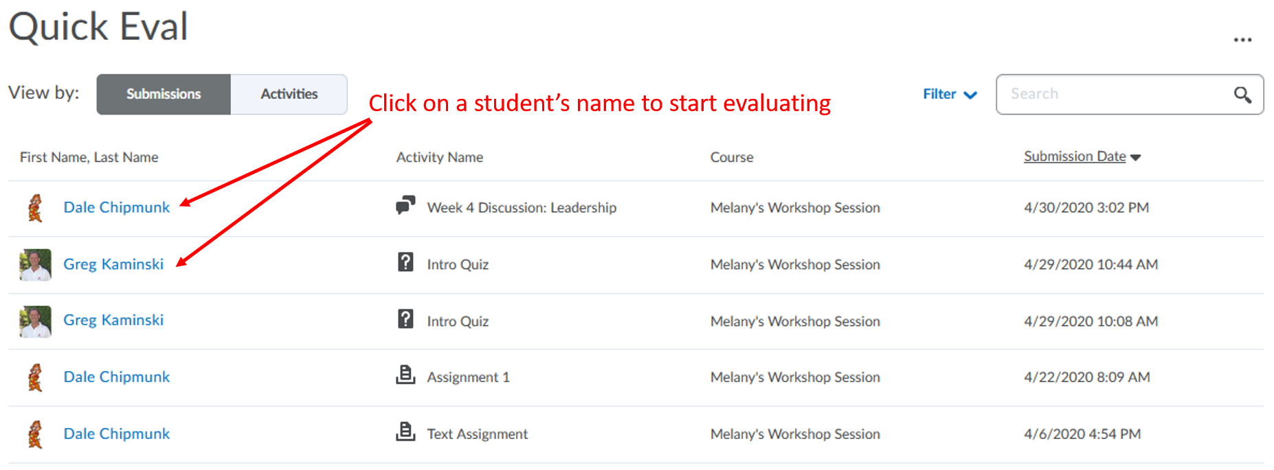 quick eval-evaluate activity -by student's submission