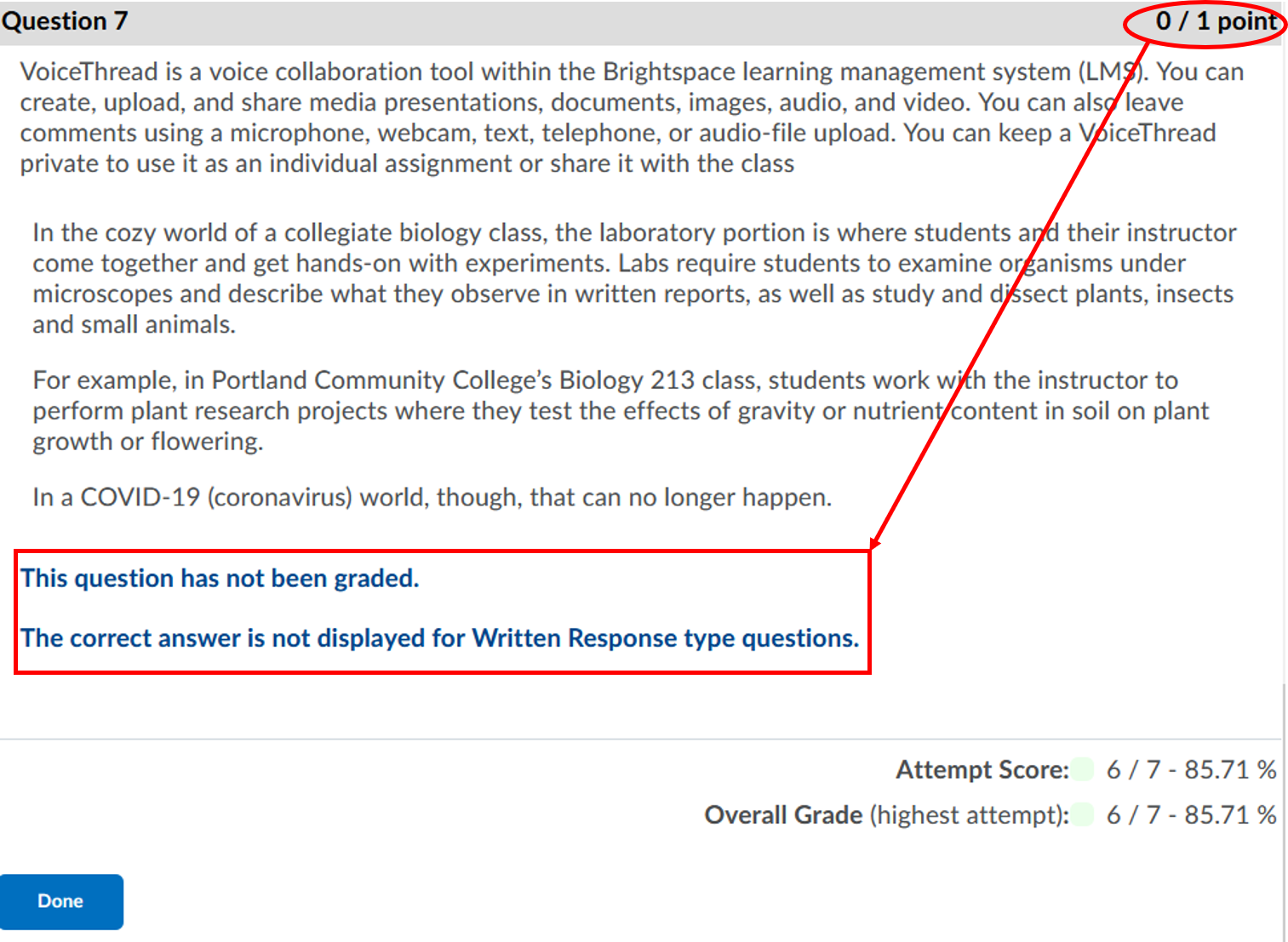 quiz-written response question-attempt has not been graded-student view