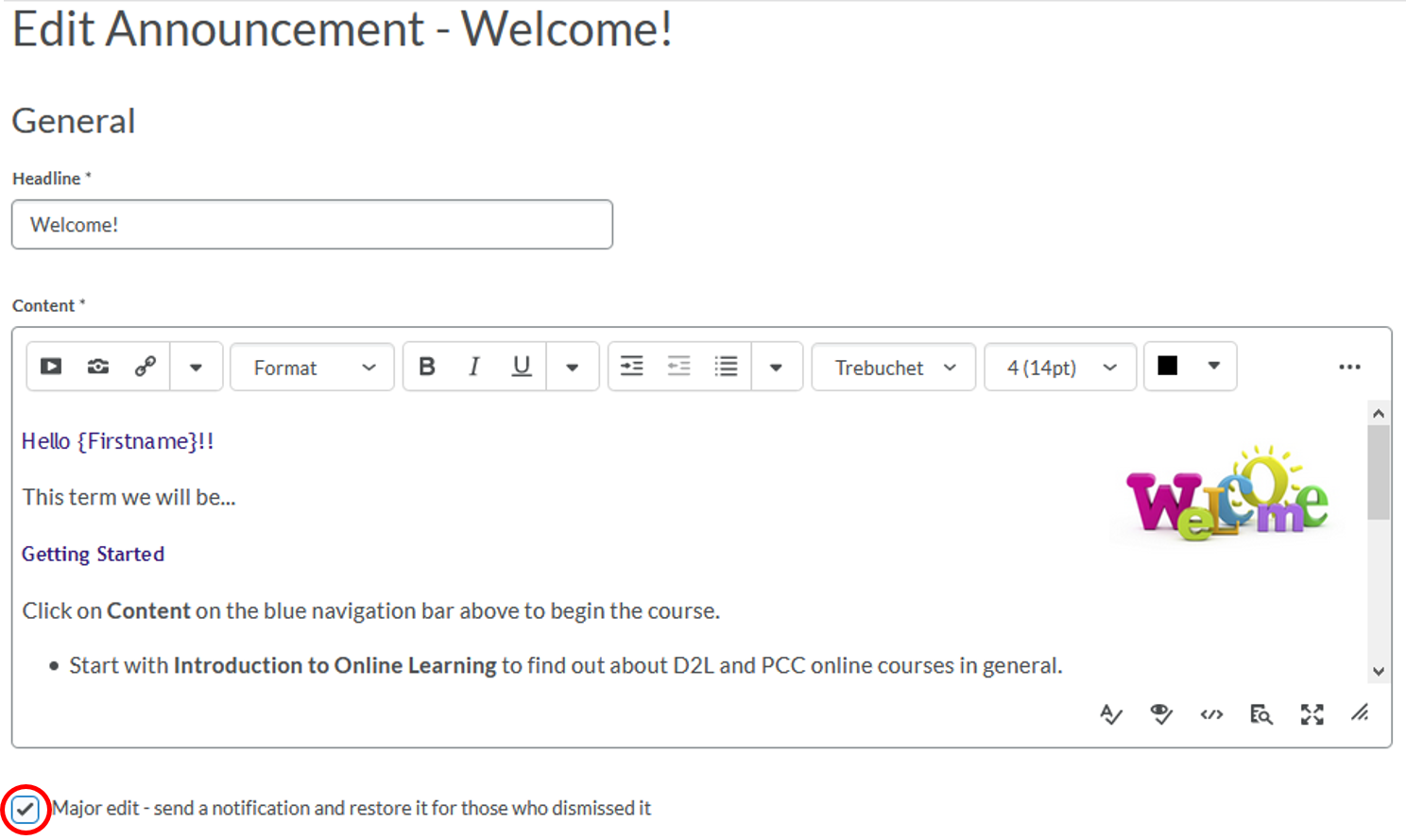Announcements-Edit announcement-major edit - send a notification and restore it for those who dismissed it