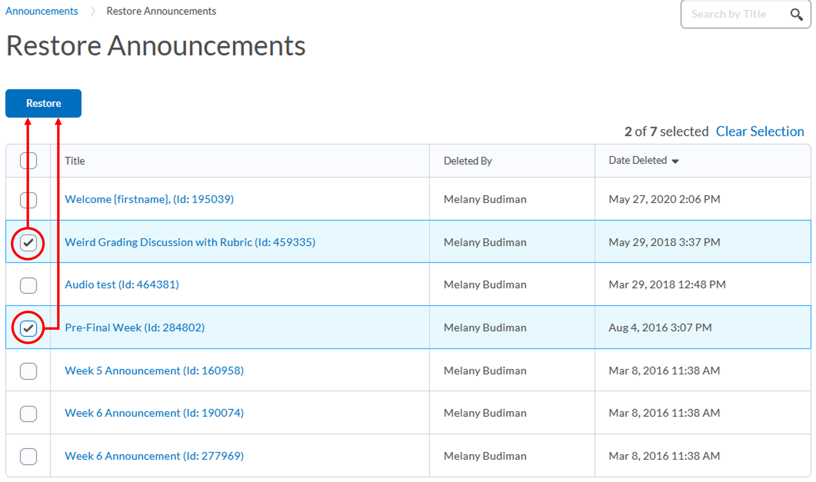 Announcements-deleted announcement-choose items to restore