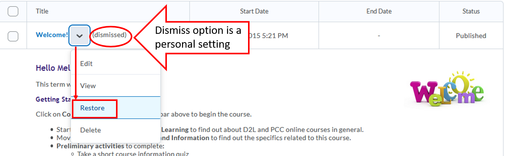 Announcements-restore dismissed announcement
