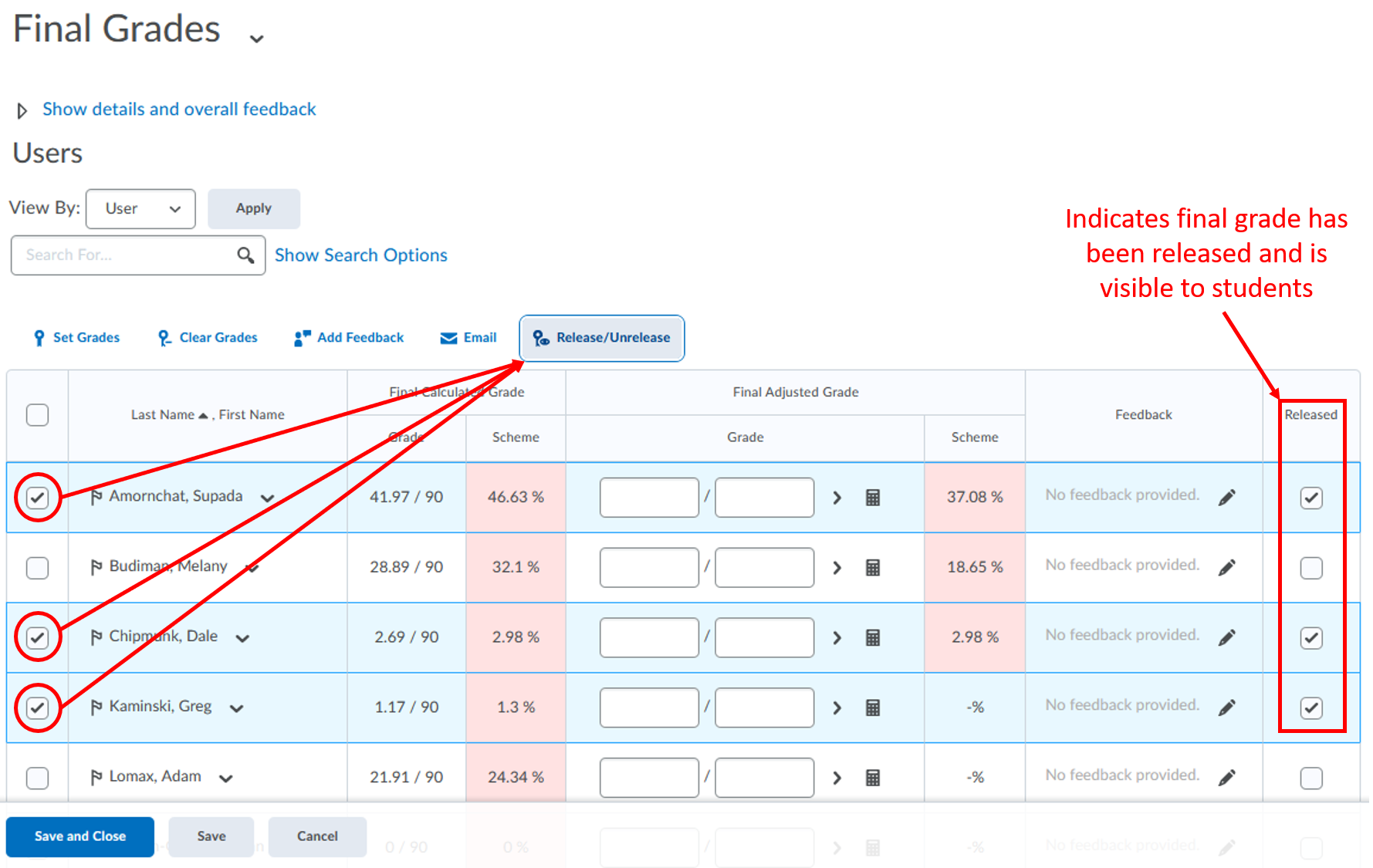 Final calculated grade-release specific user