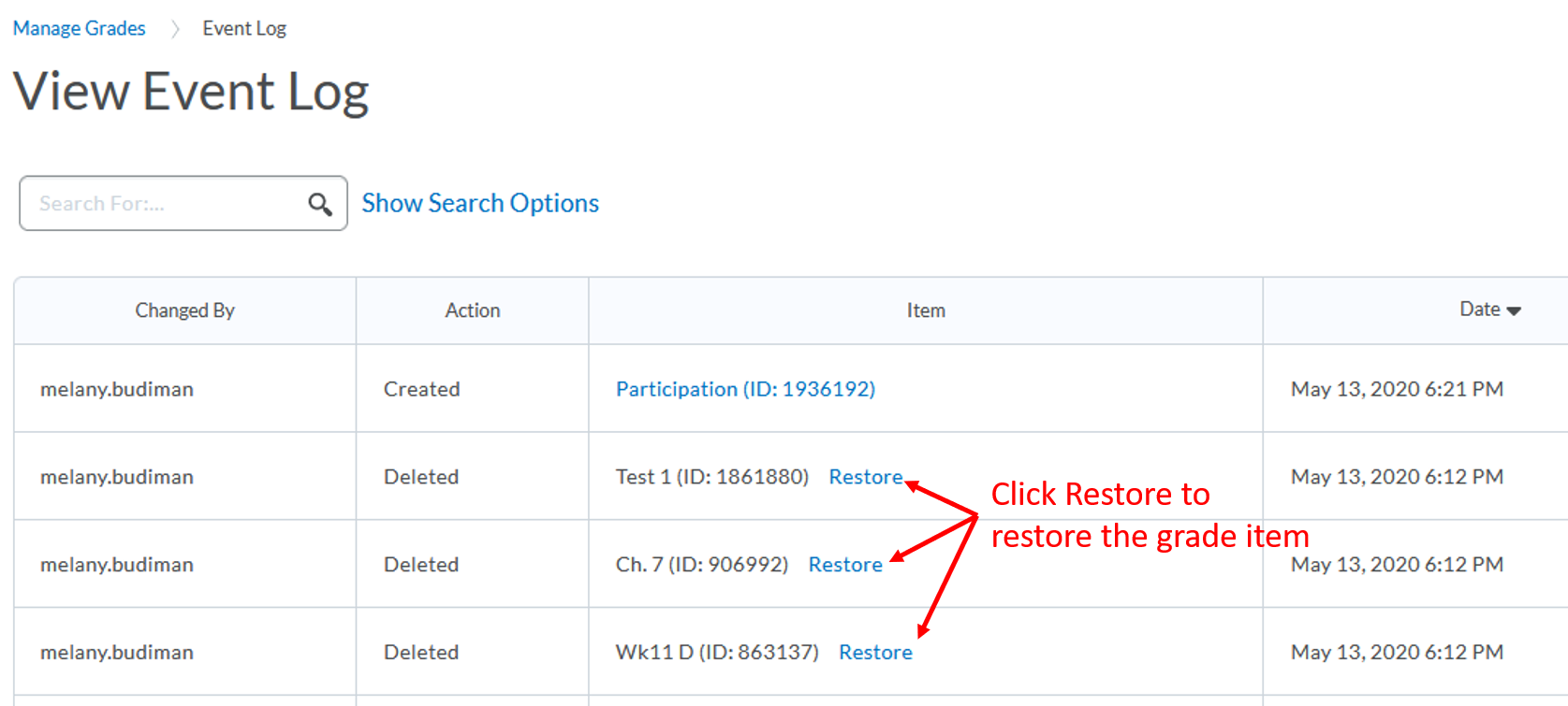 Grades-Manage Grades-view event log-restore