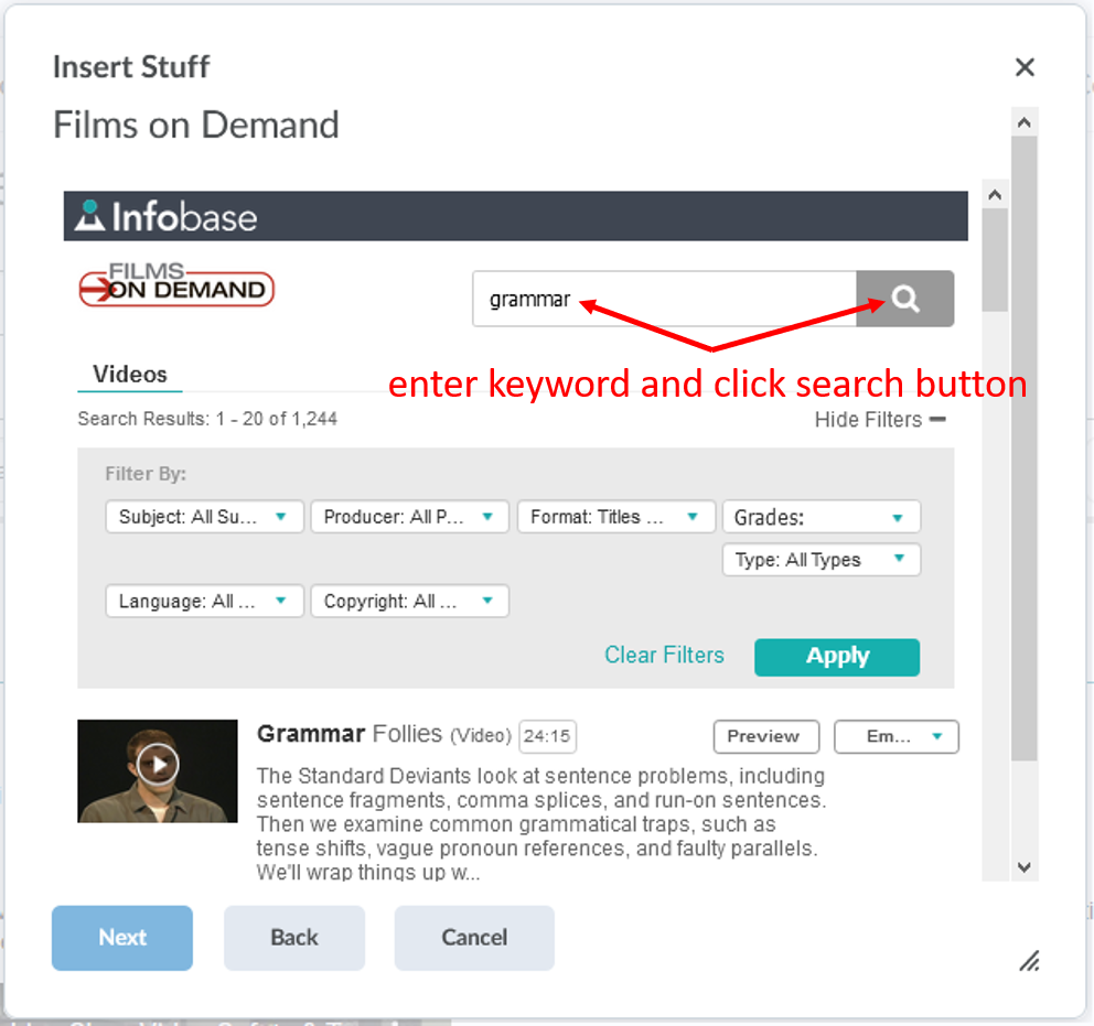 Insert Stuff-Films on Demand-enter keyword