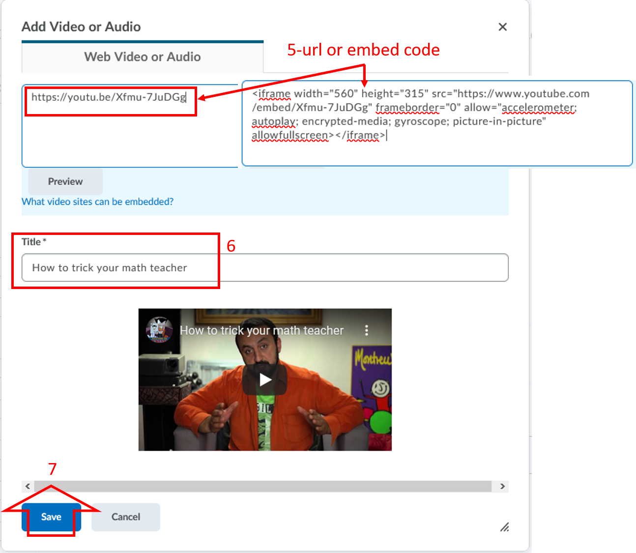 add-video audio link or embed code-in Content