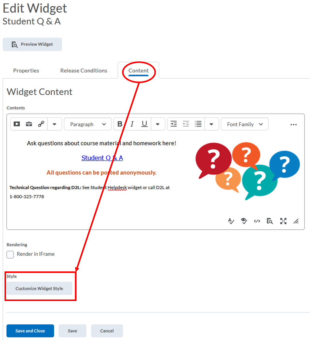 widget: edit widget, Content tab-Customize widget style