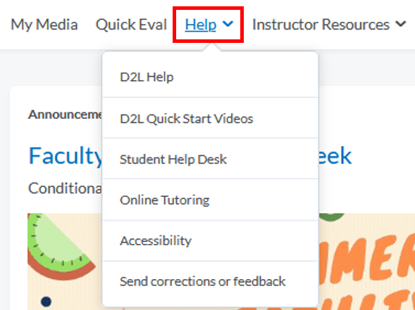 D2l Homepage: navbar area -Help menu