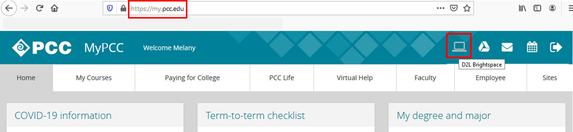 MyPCC homepage: D2L Brightspace icon
